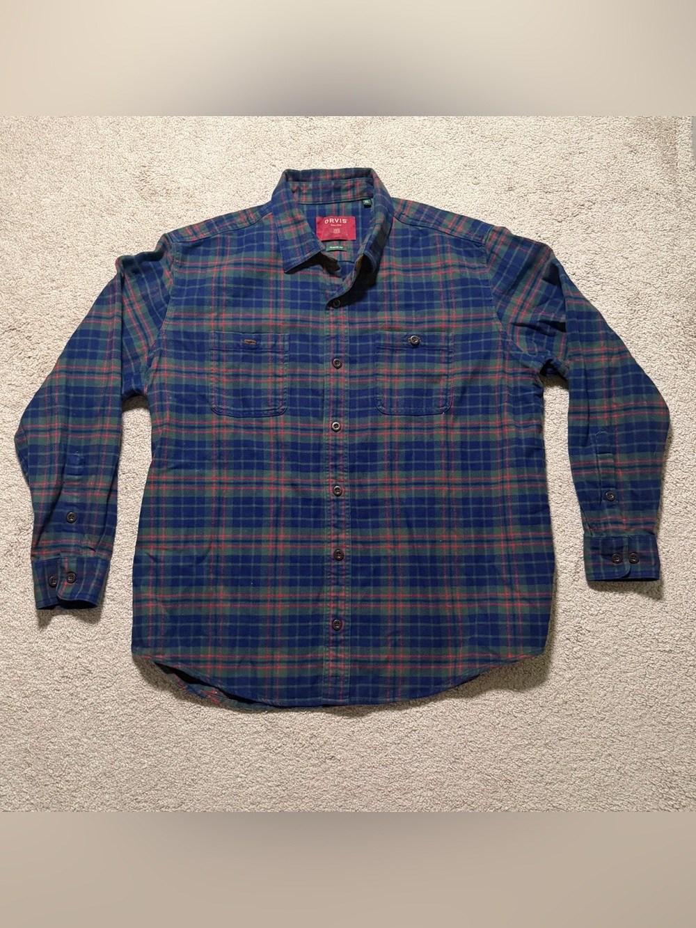 Orvis Men’s XL Plaid Flannel Shirt Button Down Blue Green Red Pockets Heavy